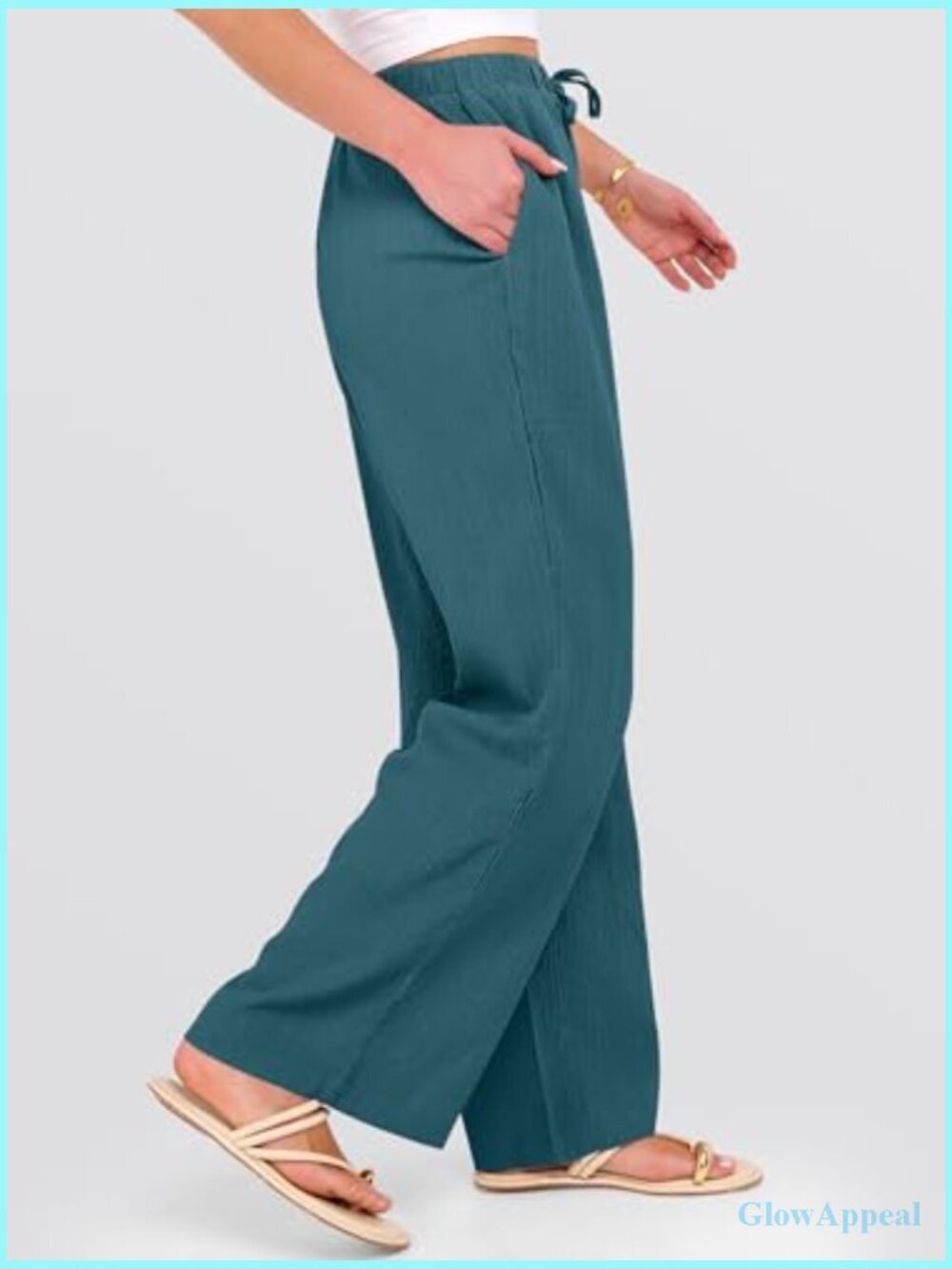 Wide Leg Beach Pants Elastic Waist Flowy Palazzo Trousers with Pockets - Picture 3 of 7